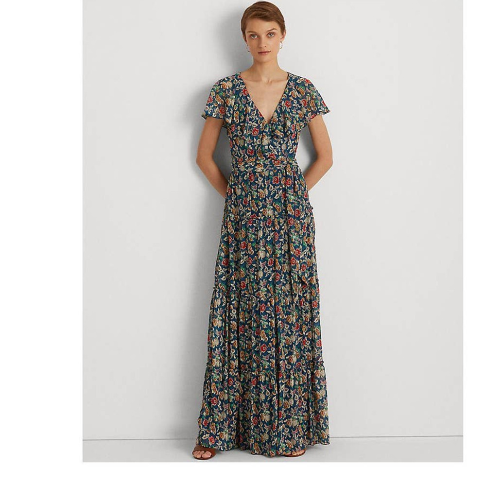 Ralph Lauren Zippered Belted Full-Length Evening Fit Flare Dress Blue Size 6 NWT